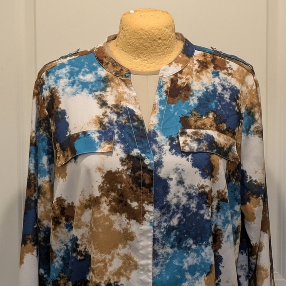 EUC Calvin Klein 3X Turquoise Brown and White Patterned Roll-Up Sleeve Blouse - Picture 3 of 11